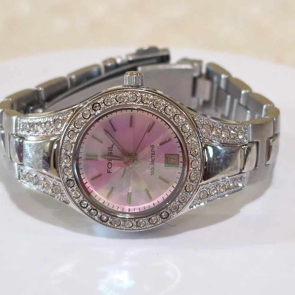 FOSSIL BLUE Pink Dial Rivoli Crystal 100M Quartz Watch Jeweled Bezel Band AM4026